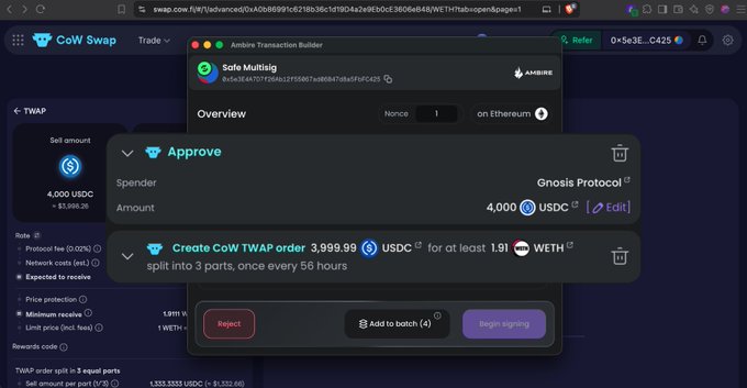 A screenshot of the CoW Swap interface showing an Ambire Transaction Builder popup for approving and creating a TWAP order of 3,999.99 USDC on Ethereum.