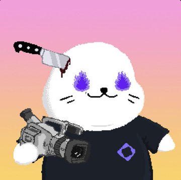 Cartoon illustration of a white cat-like character with purple flame eyes holding a knife and a video camera against a pink gradient background.