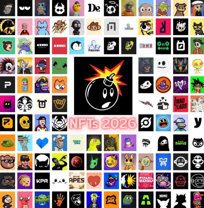 A collage of various NFT collection logos and characters with a central bomb graphic and the text 'NFTs 2026' displayed prominently.