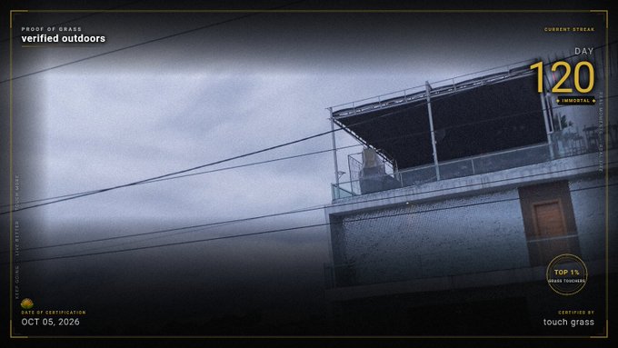 A moody, filtered view of a building rooftop under an overcast sky, with overlay text displaying 'PROOF OF GRASS: verified outdoors,' 'DAY 120 IMMORTAL,' 'TOP 1% URBAN THINKERS,' and 'CERTIFIED BY touch grass OCT 05, 2026.'