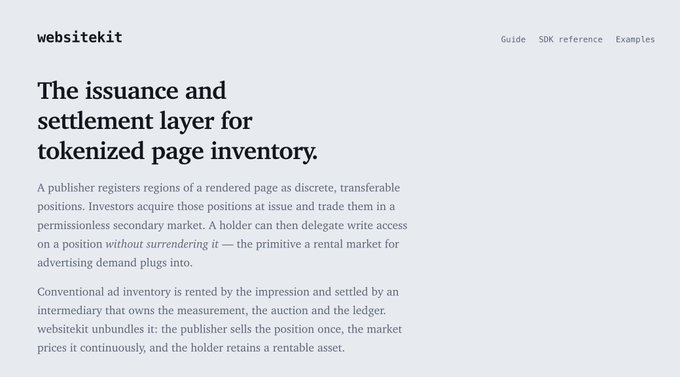 The image shows a webpage for "websitekit" titled "The issuance and settlement layer for tokenized page inventory," describing a system where publishers register regions of rendered pages as transferable positions that investors can trade in a permissionless secondary market, with holders able to delegate write access without surrendering their positions—aligning with the post's description of a "slotkit" toolkit for the $WEBSITE ecosystem.
