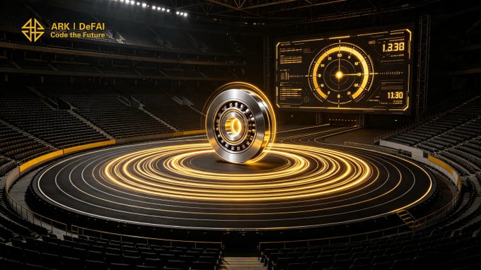 The image showcases a metallic bearing floating above glowing golden ripples in an empty arena, with a digital dashboard in the background displaying "1.33B" and "11.30." The "ARK | DeFAI - Code the Future" logo appears in the top-left corner.

This visual symbolizes ARK's message of steady, compounding momentum—the bearing as a precision engine of consistent execution, while the radiating golden rings represent how small daily contributions from the community build into unstoppable, scalable force over time.