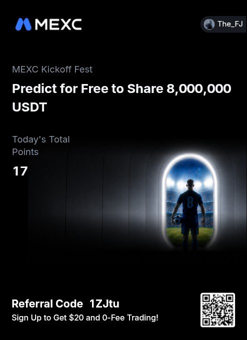 The image is a MEXC promotional graphic for the "MEXC Kickoff Fest," advertising a prediction event with an 8,000,000 USDT prize pool, showing 17 today's total points and a referral code "1ZJtu" offering $20 sign-up bonus and 0-fee trading. The accompanying post celebrates MEXC's global trading festival tied to worldwide sports matches, with 200K USDT dropping daily—directly matching the event details shown in the promotional image.