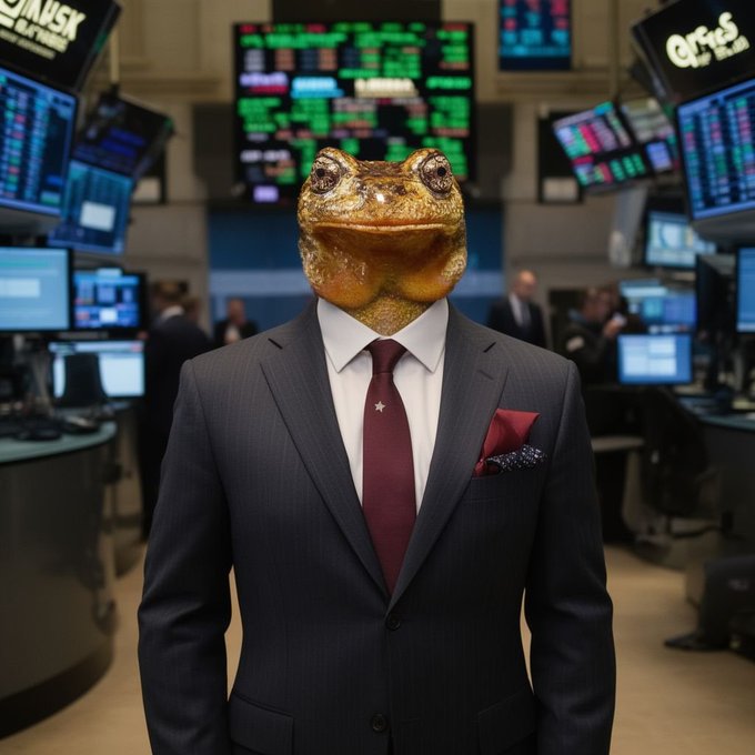A figure in a sharp dark suit with a maroon tie and pocket square stands on a trading floor, his head replaced by a large, photorealistic frog with a wry, knowing smile. Behind him, glowing market tickers and the sign "GTS" (a NYSE sponsor) frame the surreal "Frog of Wall Street" portrait, matching the caption's playful reference to a Chilean power project tied to endangered frogs.