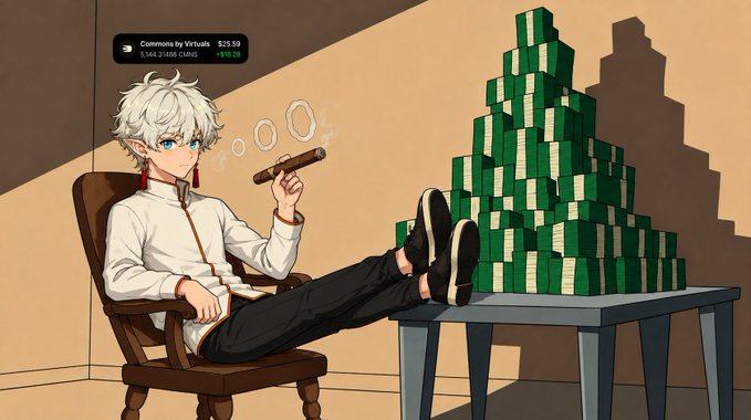 A silver-haired anime character with horns relaxes in a chair smoking a cigar with his feet propped up on a table stacked with towering piles of cash, with a notification reading "Cronos by Virtuals $75.59" showing a gain of "+$19.28." The image humorously illustrates the post's boast about a small $25 airdrop by exaggerating the reaction with mountains of money, mocking the modest "life-changing" gains.