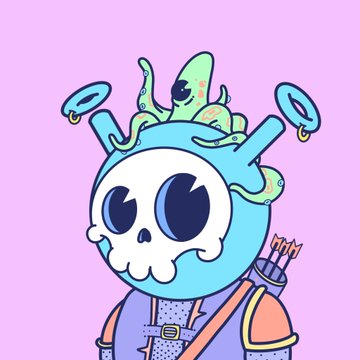 A cartoonish character illustration showing a skull-faced figure with a teal helmet adorned with green slime, holding a bow and arrows against a pink background.