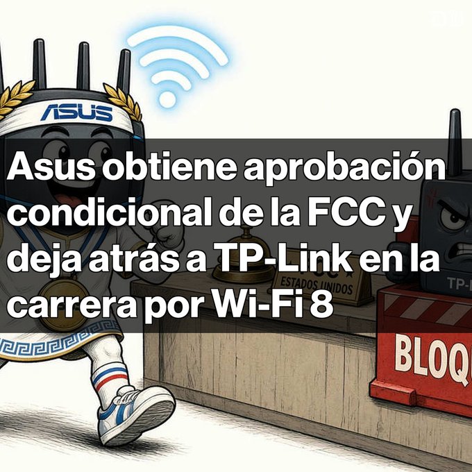 An illustration showing a personified ASUS router character running past a frustrated TP-Link router character at a finish line, with Spanish text reading 'Asus obtiene aprobación condicional de la FCC y deja atrás a TP-Link en la carrera por Wi-Fi 8'.