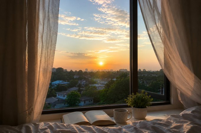 The image shows an open window with curtains, offering a view of a city skyline during sunrise or sunset. The scene includes a book placed next to the window, suggesting that someone might be enjoying some quiet time reading before bedtime. A cup is also present on the windowsill, possibly containing coffee or tea for the person relaxing in their room. The image seems to be related to the post about money and its evolution, as it highlights how people can enjoy a peaceful moment with a book by the window while appreciating the beauty of nature during sunrise or sunset.