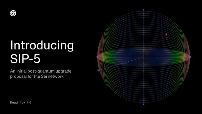 A promotional graphic introduces "SIP-5," described as "An initial post-quantum upgrade proposal for the Sei network," featuring a colorful 3D sphere visualization with a Sei logo in the corner and a "Read Now" prompt. The image visually reinforces the post's announcement of Sei's first proposal to become quantum-secure by combining the upgrade name with a sphere design suggestive of cryptographic or quantum concepts.