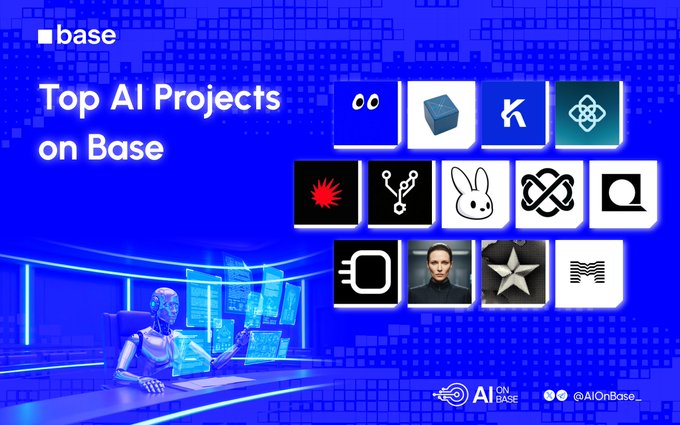 A vibrant blue graphic titled "Top AI Projects on Base" features a futuristic AI figure interacting with holographic screens alongside a grid of 12 project logos, including recognizable symbols for Basemate, alongside branding from AI ON BASE (@AIonBase_) and the Base ecosystem.