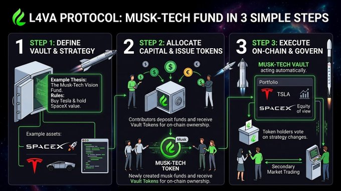 An infographic titled "L4VA PROTOCOL: MUSK-TECH FUND IN 3 SIMPLE STEPS" illustrates a crypto investment process involving TSLA, SpaceX, and Tesla assets across Define Vault, Allocate Capital, and Execute steps.