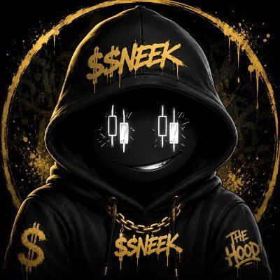 A mysterious hooded figure with glowing candlestick chart eyes wears a black hoodie emblazoned with "$$NEEK" in dripping gold paint, a dollar sign pendant, and "THE HOOD" patch—visually embodying the "Ghost of the Robinhood Chain" referenced in the post's cryptic trading contest announcement for the $SNEEK token.