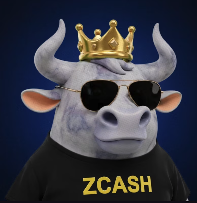 The image features an anthropomorphic bull wearing a golden crown, sunglasses, and a black t-shirt with "ZCASH" written in yellow text, set against a dark blue background. The image serves as a meme-like avatar or mascot, and given the context about crypto cycles and "the early days of BAYC," the post seems to be hinting at a bullish or "kingly" opportunity related to Zcash ($ZEC), positioning it as a potential next major crypto community similar to Bored Ape Yacht Club.