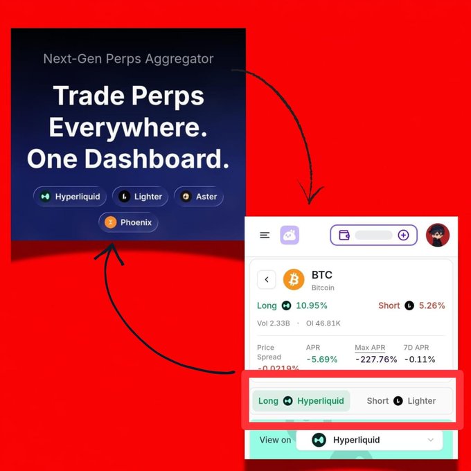 A promotional graphic for a "Next-Gen Perps Aggregator" trading platform, featuring the tagline "Trade Perps Everywhere. One Dashboard." with buttons for Hyperliquid, Lighter, Aster, and Phoenix, alongside a screenshot showing BTC Bitcoin trading data with Long Hyperliquid at 10.95% and Short Lighter at 5.26% funding rates. The image visually reinforces the post's message by demonstrating how the platform (Mozi Finance) aggregates multiple perpetual exchanges into a single dashboard, eliminating the need to manually check funding rates across venues like Hyperliquid and Lighter for efficient pair trading.