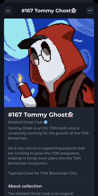 The image shows a Telegram NFT post featuring "#167 Tommy Ghost" from the "Deleted Ghost Club," depicting a hooded ghost character holding a candle against a moonlit background. The caption celebrates being featured on the TON blockchain by the major project Tonfish, highlighting the $10M presale milestone and positioning Tommy Ghost as an "OG of OGs" in the TON ecosystem.