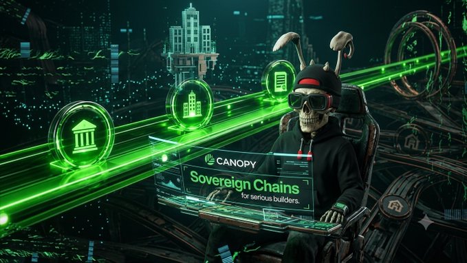 A digital artwork featuring a skeletal character with bunny ears using a laptop displaying 'CANOPY Sovereign Chains for serious builders' against a futuristic green-lit cityscape with holographic icons.