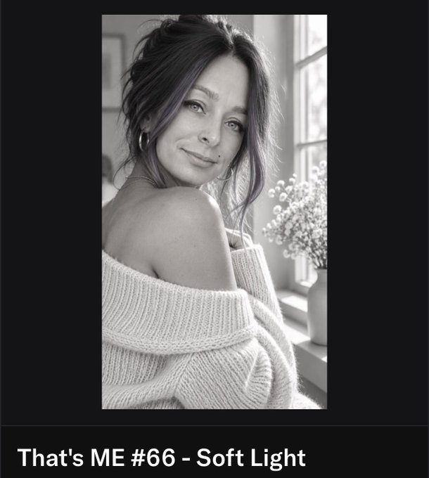 A black-and-white portrait of a woman with dark hair wearing an off-the-shoulder knit sweater, captioned 'That's ME #66 - Soft Light'.