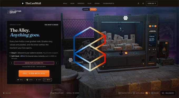 A digital storefront called 'TheCardWall' displays information about 'The Alley' graded cards, showing pull prices like 0.028 WETH (875) with a claw machine background.