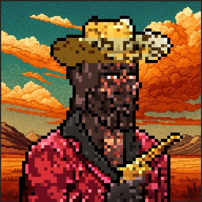 A pixel art illustration of a rugged cowboy with a beard wearing a wide-brimmed hat and a red shirt, set against a sunset landscape.
