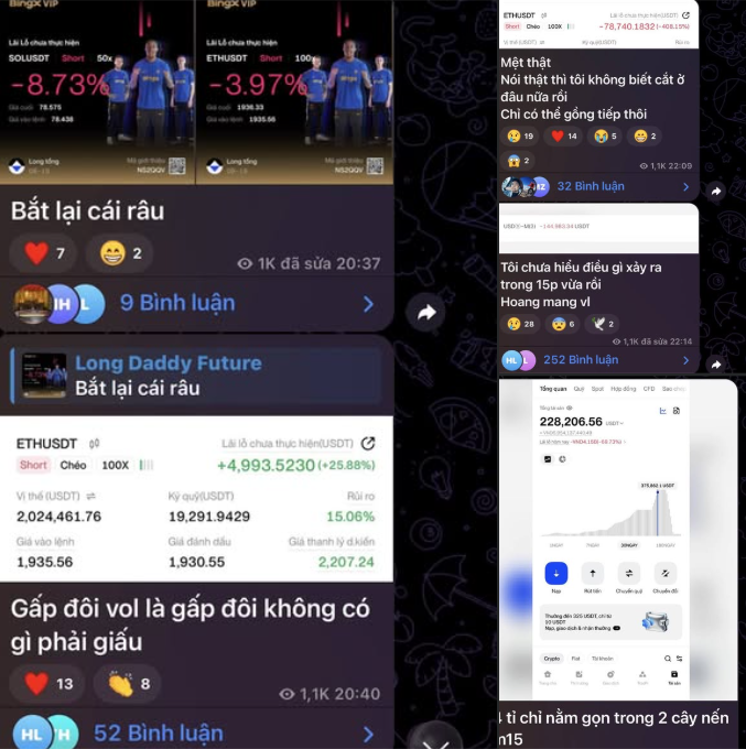 A collage of Telegram screenshots showing posts from "Long Daddy Future" with ETH/USDT short positions of 50x and 100x leverage, displaying losses of -8.73% and -3.97%, alongside a Binance PnL showing +25.88% gains (+4,993.523 USDT) on a 15-minute chart, illustrating the contrast between traders getting liquidated on shorts while long positions profit.