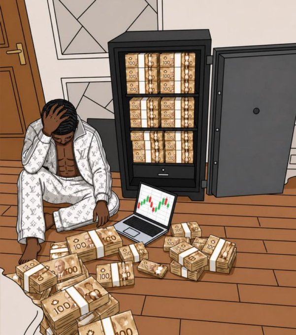 An illustration of a distressed man in Louis Vuitton patterned pajamas sitting on the floor surrounded by stacks of 100-denomination currency bundles, with an open safe and a laptop showing a falling stock chart.