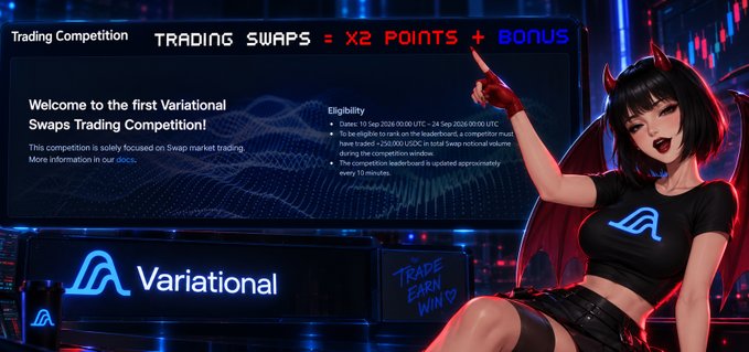 Promotional graphic for the Variational Swaps Trading Competition featuring an anime-style demon girl character, with text announcing 'TRADING SWAPS = X2 POINTS + BONUS' and competition details running Sep 10-24, 2026.