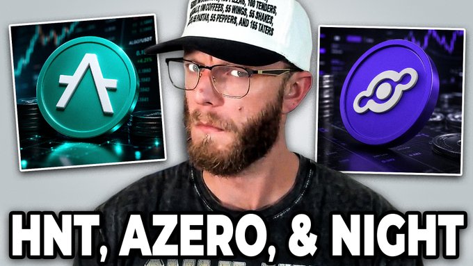 A man wearing a trucker hat and glasses stands between two crypto logos—Helium (HNT) on the left and a purple Polygon's POL coin on the right—with bold text reading "HNT, AZERO, & NIGHT" at the bottom, promoting his YouTube video about whether Midnight (NIGHT) is the best privacy coin alongside coverage of Helium (HNT), Aleph Zero, and the crypto market selloff.