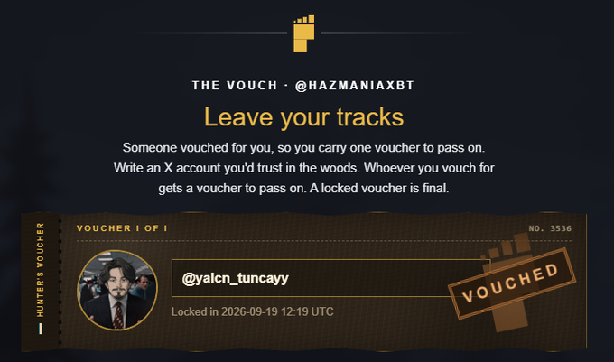 The image displays a "Vouch" from @hazmaniaxbt with voucher number 3536, showing that @yalcn_tuncayy has been vouched for, locked in on 2026-09-19. This corresponds to the accompanying post where the user confirms vouching for @yalcn_tuncayy in exchange for Bitfoots allocations, emphasizing the trust-based "leave your tracks" vouch system.
