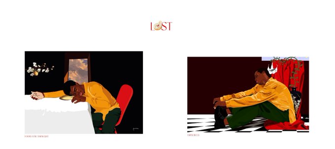 Two stylized illustrations showing Black men in yellow clothing in emotional poses, under the 'LOST' logo, with labels 'SUDDENLY DEGRADED' and 'FIGHTER'.