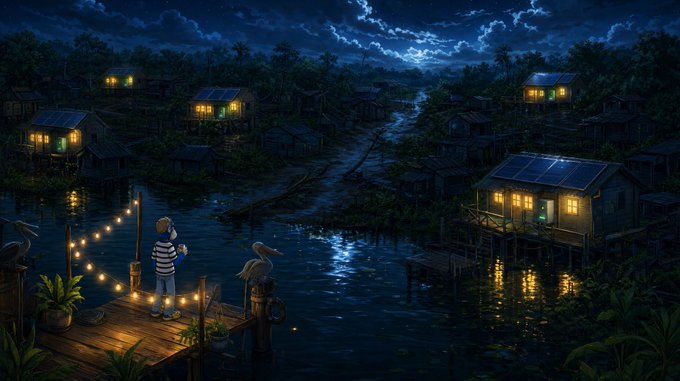 A nighttime scene of a coastal village with illuminated stilt houses lining a waterway, where a figure stands on a string-lit dock beside a pelican under a moonlit sky.