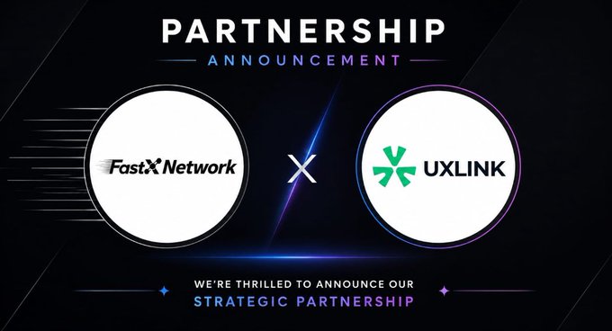 Partnership announcement graphic featuring logos for FastX Network and UXLINK, with text reading 'WE'RE THRILLED TO ANNOUNCE OUR STRATEGIC PARTNERSHIP.'