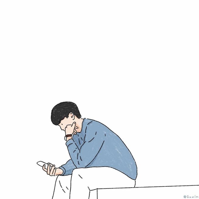 Illustration of a person sitting on a bench, looking down at their phone with a contemplative or sad expression, credited to @Gowin.