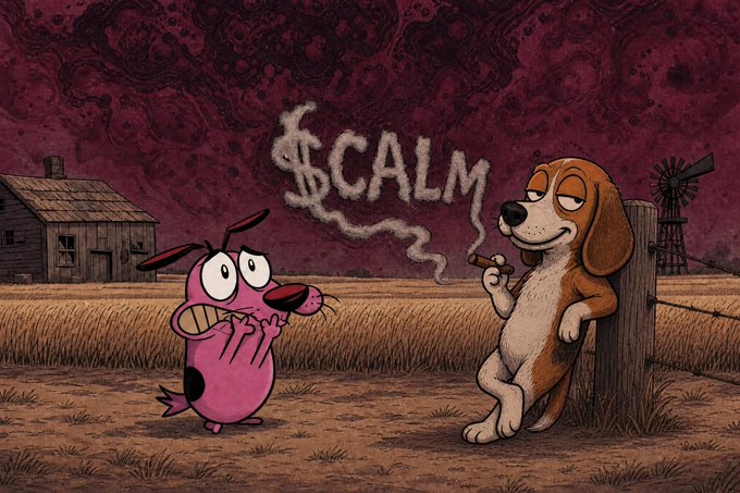 A cartoon scene showing a pink dog named Courage from Courage the Cowardly Dog looking nervously at a smoking brown dog leaning against a fence post in a rural setting.