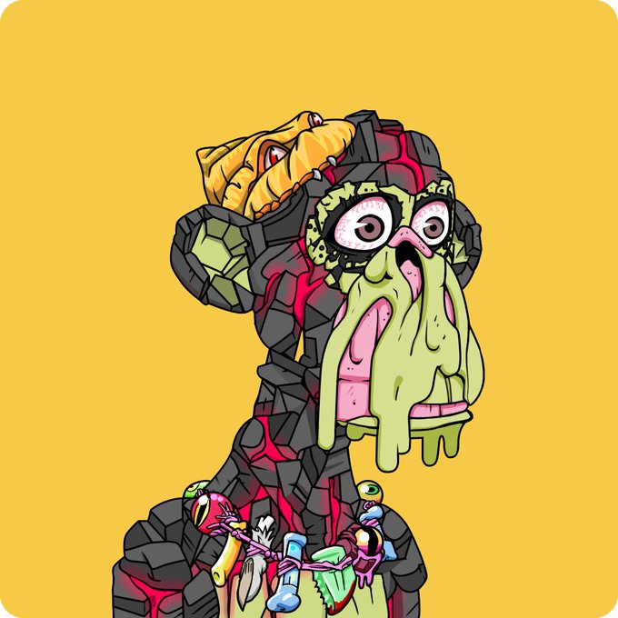 A cartoonish illustration of a melted, lava-like figure with a crocodile/reptile face on a yellow background.