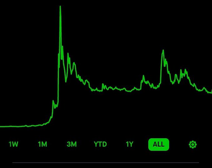 A green line graph on a black background shows a sharp spike followed by fluctuations, with a time range selector at the bottom where "ALL" is highlighted in green.
