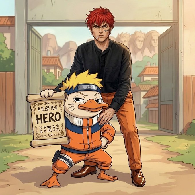 The image features a man dressed as a character from a cartoon series holding a sign that says "hero" while standing next to another person who appears to be a duck. The background of the image shows an open door, suggesting that they are in a room or hallway with an inviting atmosphere.