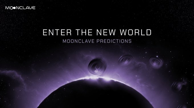 A cosmic-themed promotional banner for Moonclave Predictions with the tagline 'ENTER THE NEW WORLD' against a purple space backdrop with planets and rings.