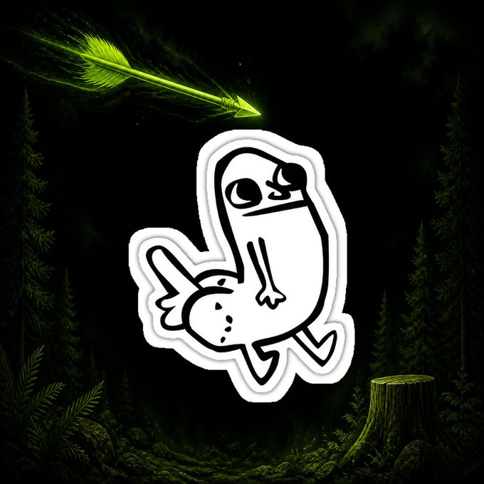 A cartoon sticker of a white blob character running in fear from a glowing green arrow in a dark forest setting, with a tree stump visible to the right.