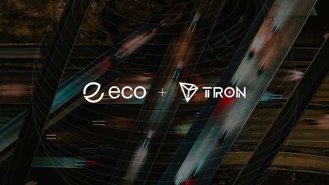 A promotional graphic featuring an aerial nighttime highway with car light trails, displaying the 'eco' and 'TRON' logos connected by a plus sign, indicating a partnership or collaboration between the two projects.