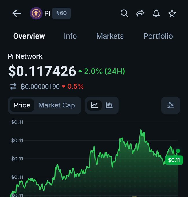 The image shows a cryptocurrency price tracking app displaying Pi Network (PI) at $0.117426, up 2.0% in 24 hours, with a green line chart showing an overall upward price trend. This relates to the post's claim that "Pi Network is on the verge of something lately," as the chart visually supports this notion with its rising trajectory and recent upward momentum.