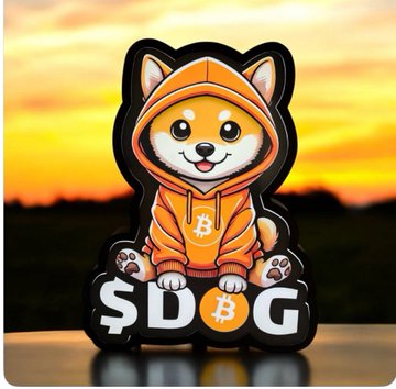 A cartoon-style sticker featuring a smiling Shiba Inu dog wearing an orange Bitcoin-themed hoodie, positioned above the letters 'SDG' with a Bitcoin symbol.