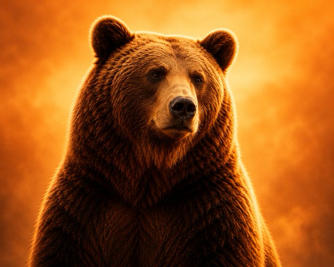 A fierce brown bear with an intense, determined gaze is bathed in warm orange light against a hazy backdrop. The image visually represents the stubborn trader referenced in the post who keeps opening leveraged shorts on BTC and ETH despite 14 consecutive losses, now down $4.56M and doubling down with a 40x short on $23.13M worth of Bitcoin—much like a bear refusing to back down from the fight.
