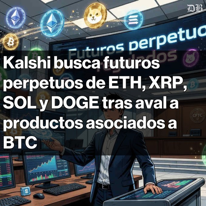 The image features a man dressed in a suit standing at a desk with two computer monitors, one of which has a keyboard and mouse. The man appears to be working or conducting some sort of online business related to cryptocurrency. The text on the image reads "Kalshi busca futuros perpituos deETH, XRP, SOL y DOGE tras aprobación de BTC por la CFTC". This suggests that the man is involved in activities related to cryptocurrency and digital currency, possibly running an online business or working for someone who does. The image also includes text about Bitcoin and Etherium, which further supports this notion.