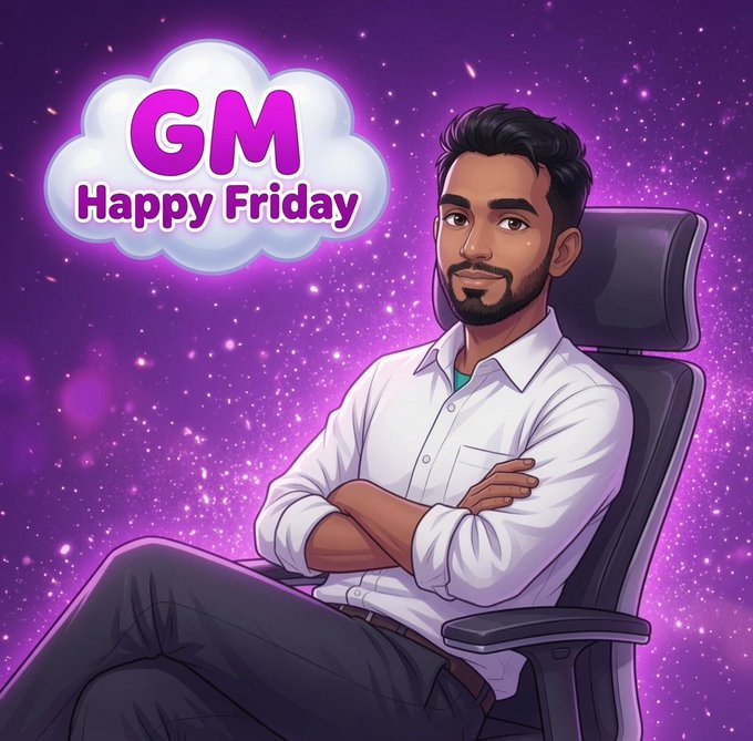 An illustrated cartoon of a bearded man in a white shirt sits confidently with arms crossed in an office chair against a purple starry background, with a cloud graphic reading 'GM Happy Friday'.
