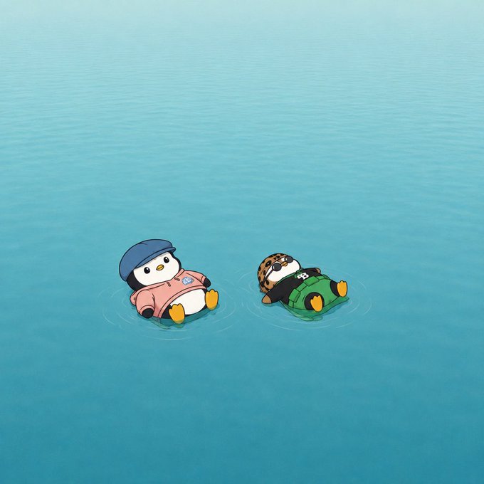 A whimsical illustration shows two characters, a penguin-like creature in a pink hoodie and a leopard-print character in a green hoodie, floating on their backs in calm blue water.