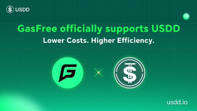 A promotional graphic with green gradient background announcing "GasFree officially supports USDD — Lower Costs. Higher Efficiency," featuring the GasFree and USDD logos.