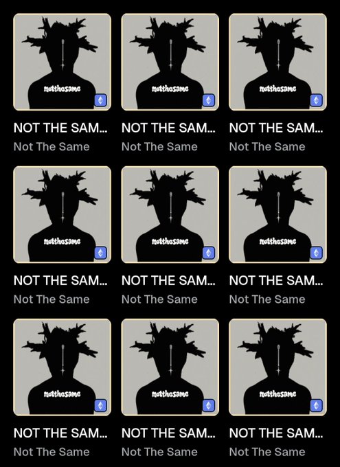 A grid of nine identical app store listings for 'NOT THE SAME' by Not The Same, each featuring a silhouette of a person with spiked hair and a zipper over their face wearing a shirt with the text 'notthesame'.