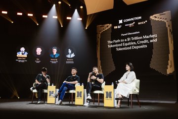 A panel discussion at a Coinstruction conference titled "The Path to a $1 Trillion Market: Tokenized Equities, Credit, and Tokenized Deposits," featuring four speakers seated on stage with the 'M' logo.