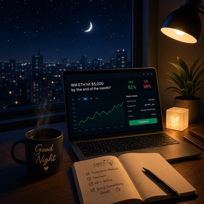 A moody nighttime scene featuring a laptop displaying 'Will ETH hit $5,000 by the end of the month?' with YES 62% and NO 38%, alongside a 'Good Night' mug and a notebook listing ideas like 'Prediction Market' and 'Onchain'.