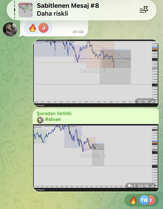 A WhatsApp chat screenshot displaying trading charts for XAUUSD; visible Turkish text includes 'Sabitlenen Mesaj #8 Daha riskli', 'Şuradan iletildi: Rıdvan', and '1 22:16'.